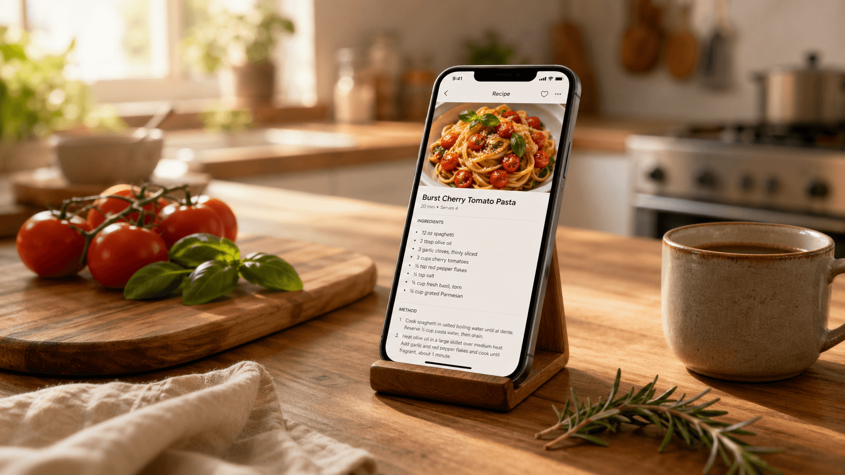 An iPhone propped on a wooden kitchen counter showing a recipe, surrounded by tomatoes, basil, and a coffee mug