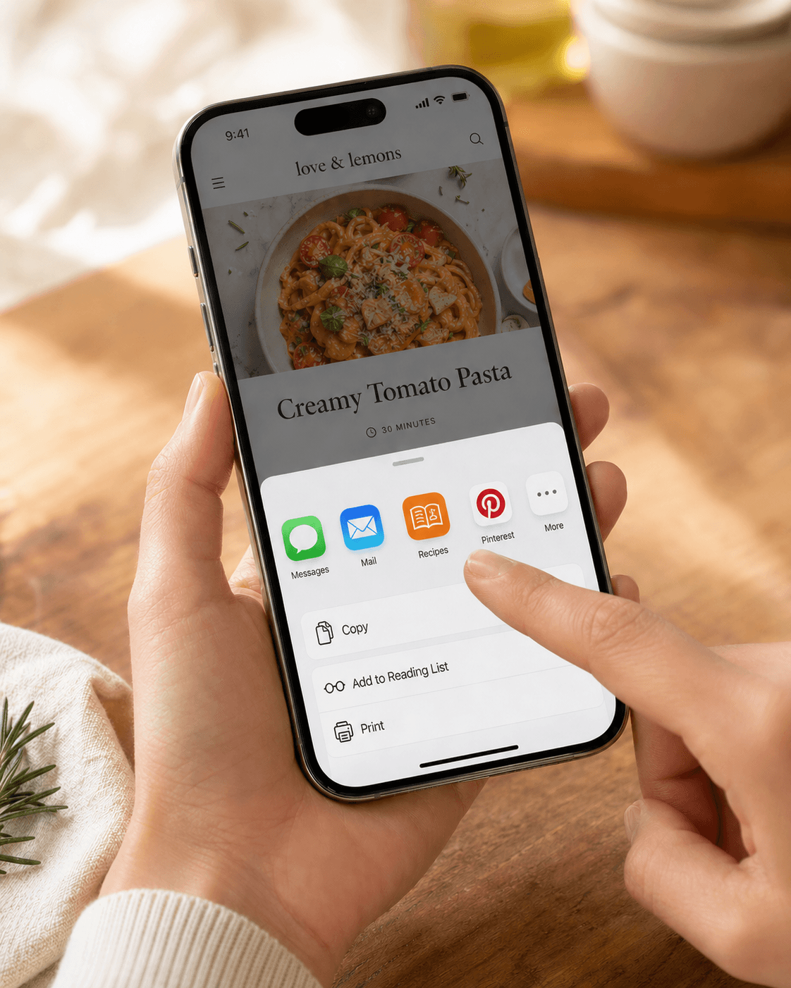iOS share sheet with the Recipes app icon highlighted