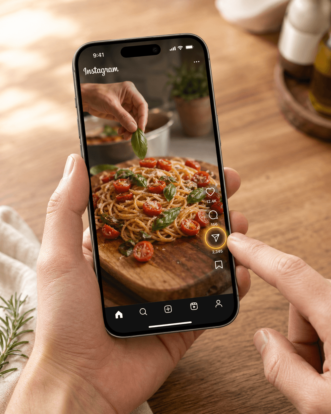 Tapping the paper-airplane share icon on an Instagram Reel