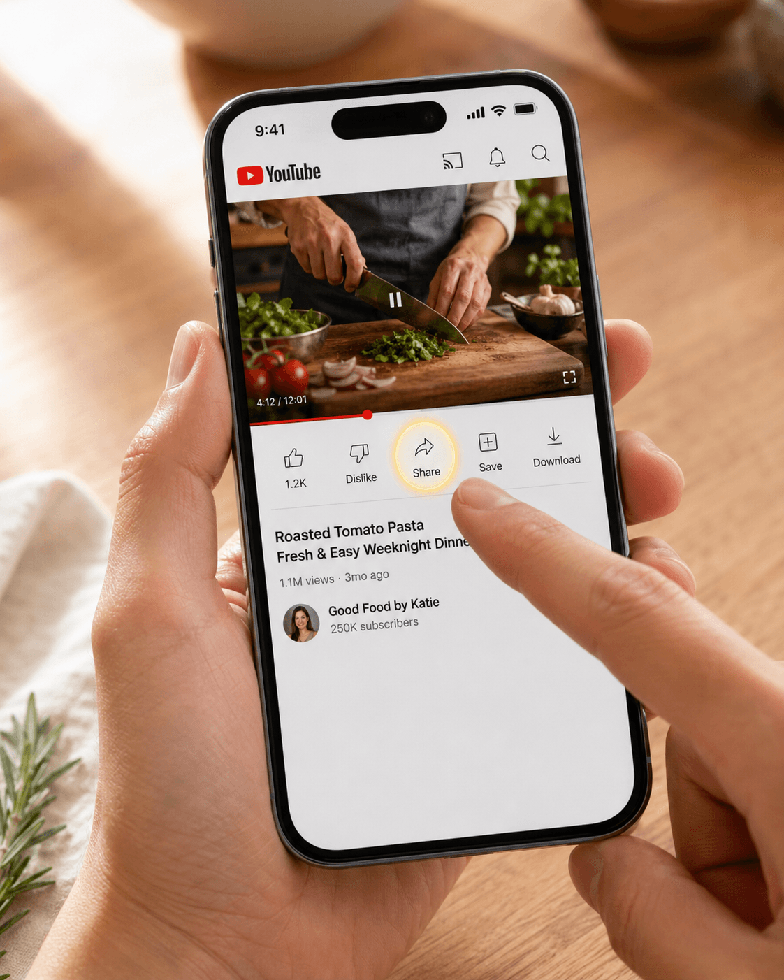 Tapping the Share button below a YouTube cooking video