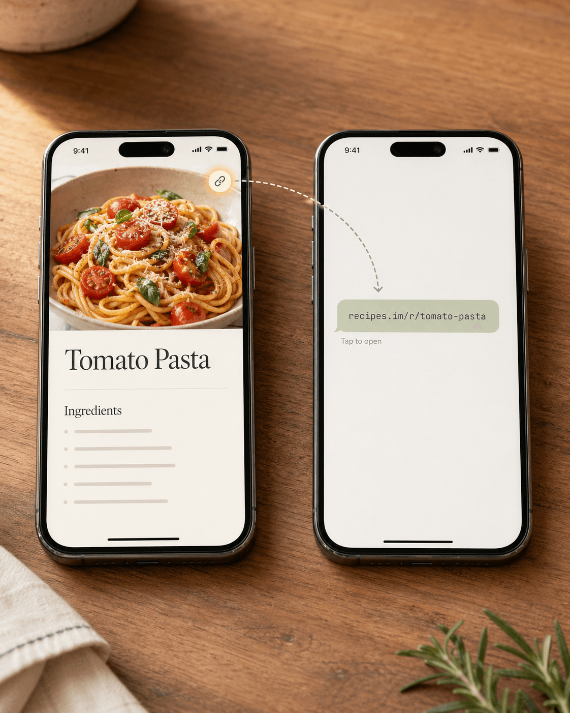 A recipe being shared as a single link between two phones