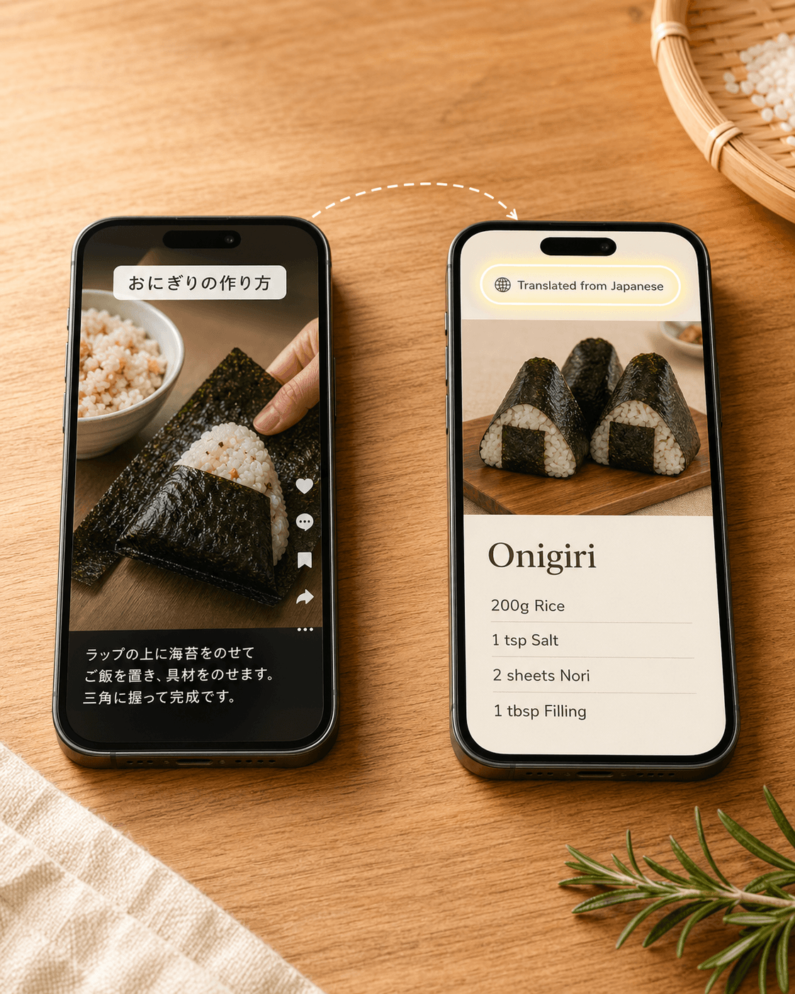 A Japanese onigiri recipe being translated into English in the Recipes app