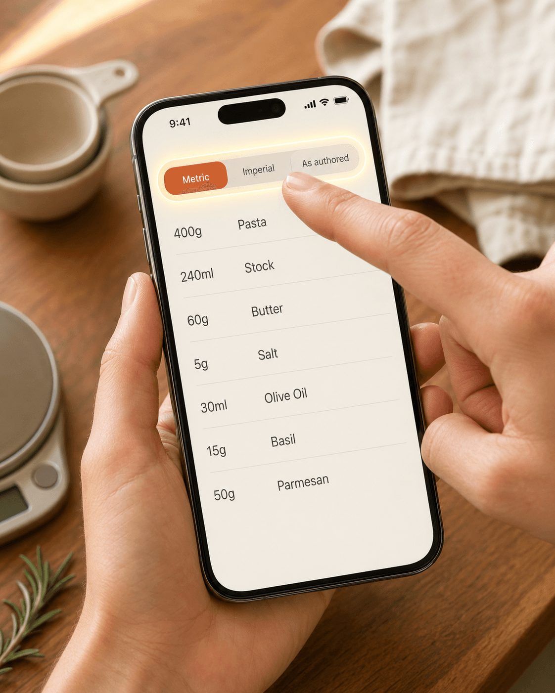 A metric, imperial, and as-authored unit toggle in the Recipes app